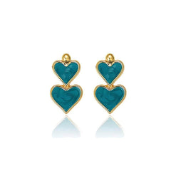 14K Gold Enamel Layered Heart-Shaped Dangle Earrings Blue / Clip On