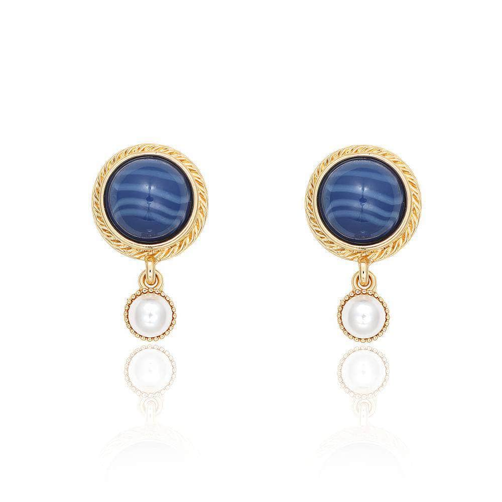 14K Gold Enamel Pearl Dangle Earrings Blue / Clip On