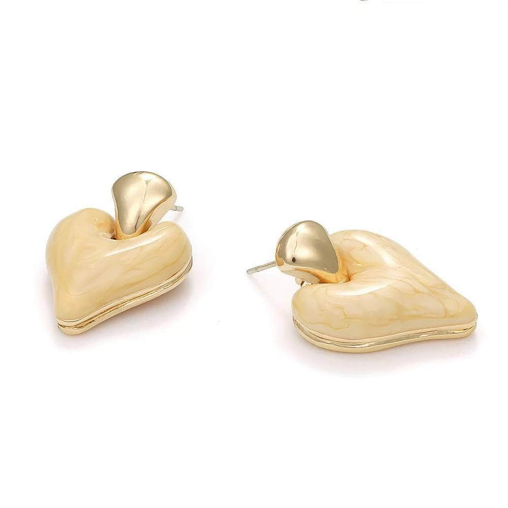 14K Gold Enamel Puff Heart Drop Earrings