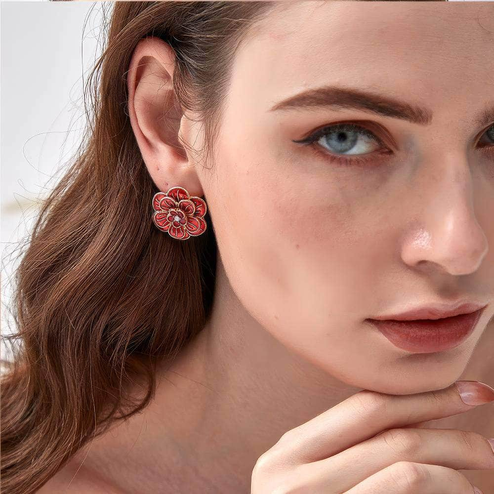 14k Gold Floral Deco Paved Crystal Statement Stud Earrings