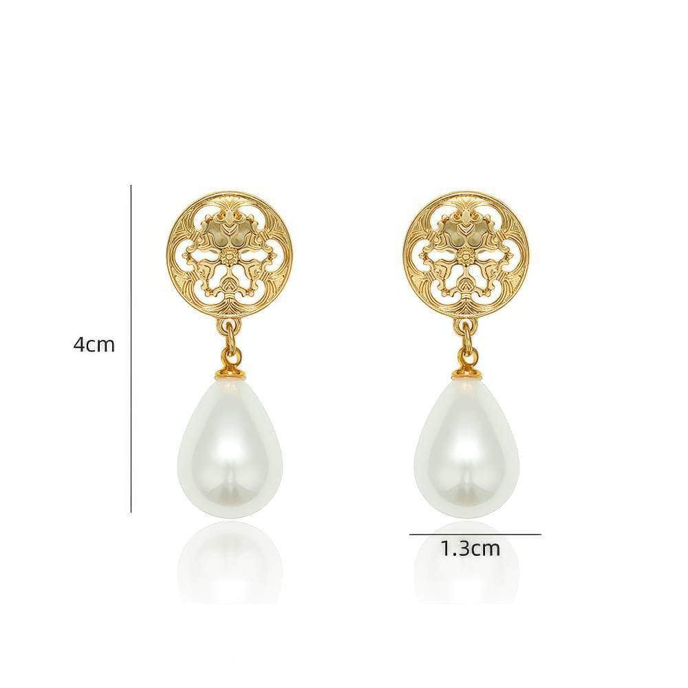 14k Gold Floral Deco Pearl Drop Earrings