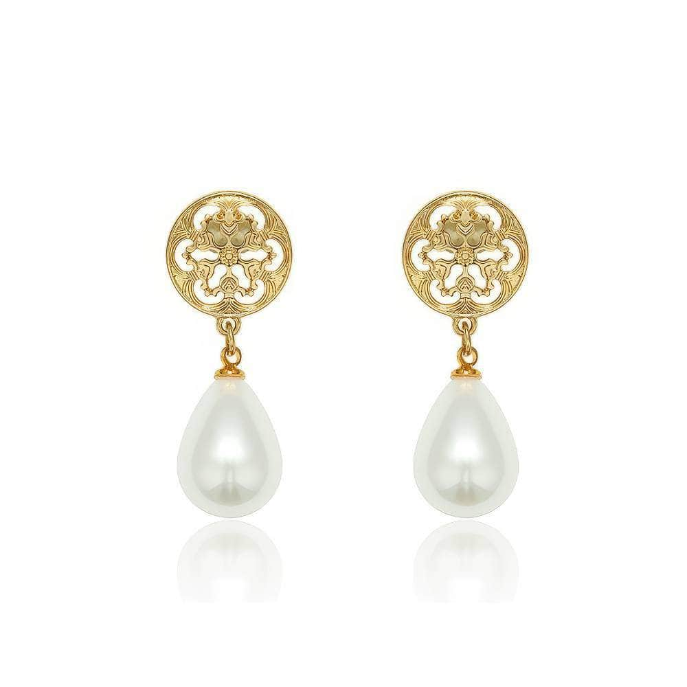 14k Gold Floral Deco Pearl Drop Earrings White / Clip On