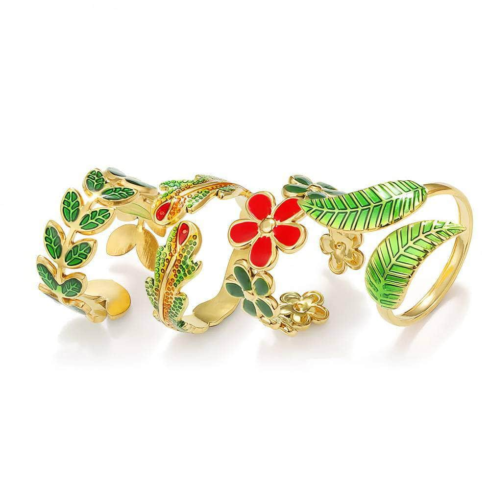 14k Gold Four-Set Floral Leaf Enamel Cuff Ring Adjustable / Multicolor