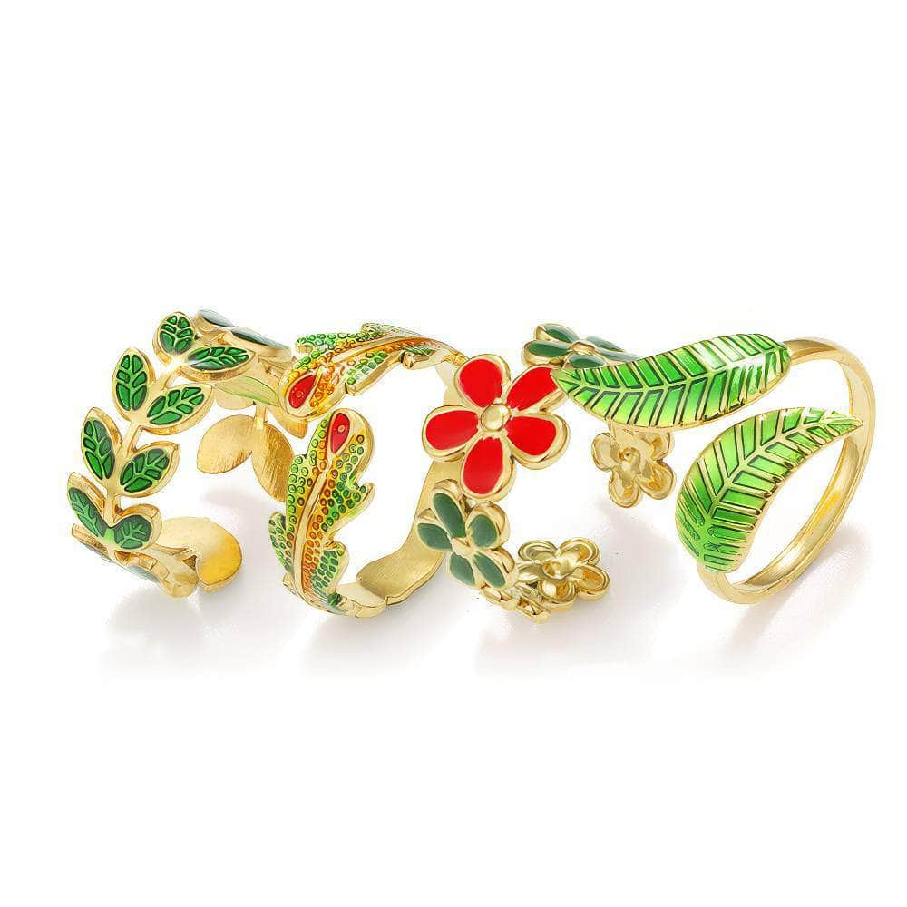 14k Gold Four-Set Floral Leaf Enamel Cuff Ring Adjustable / Multicolor