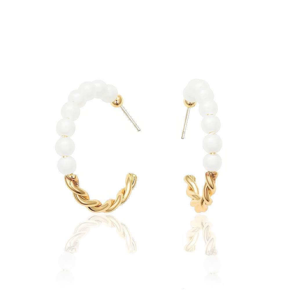 14K Gold Freshwater Pearl Gold Detailed Hoop Earrings White / Clip On