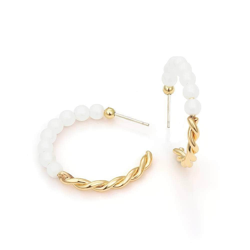 14K Gold Freshwater Pearl Gold Detailed Hoop Earrings White / Clip On