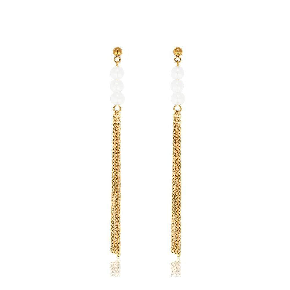 14K Gold Freshwater Pearl Tassel Earrings White / Clip On