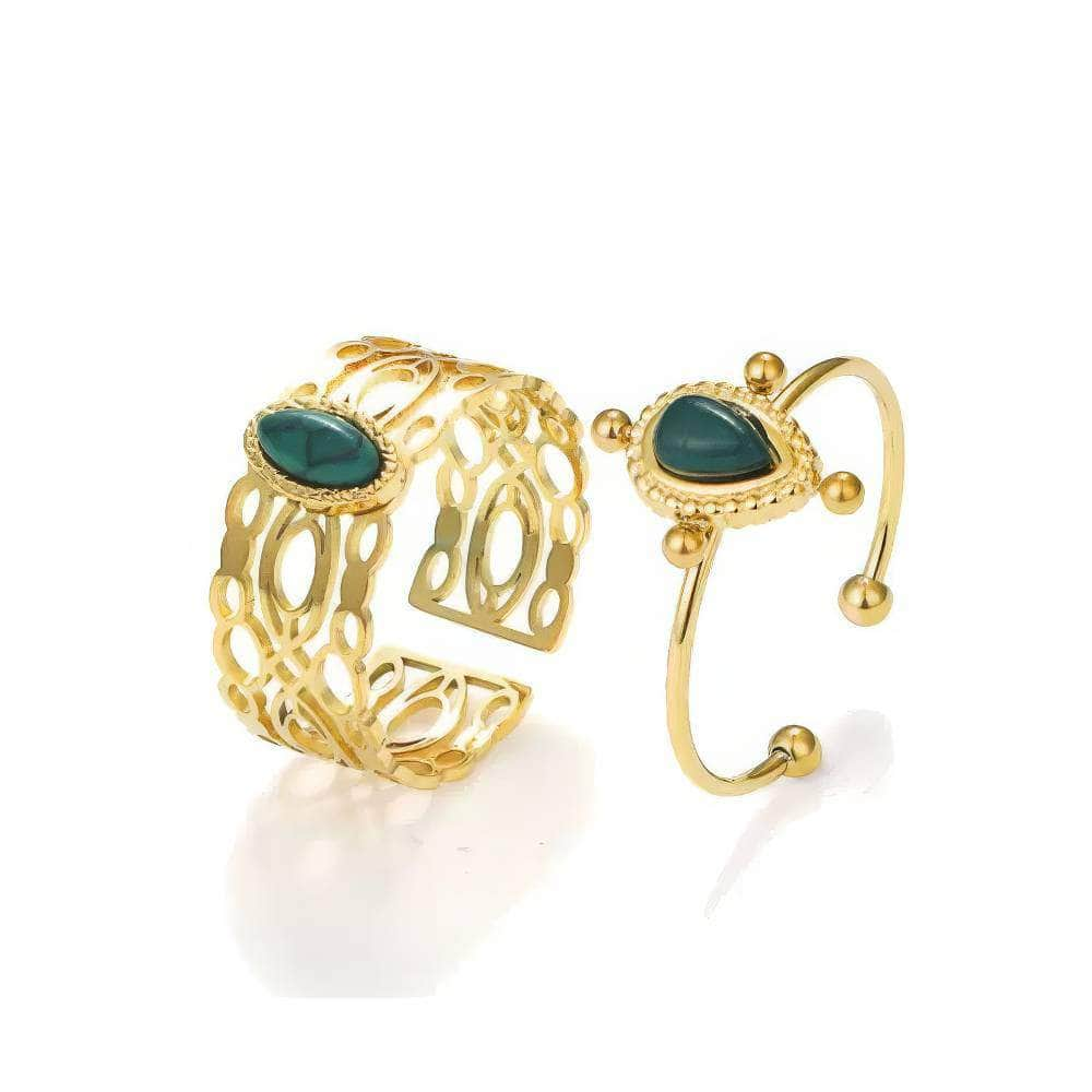 14K Gold Green Opal Cuff Ring Set Adjustable / Green