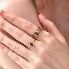 14K Gold Green Opal Cuff Ring Set Adjustable / Green