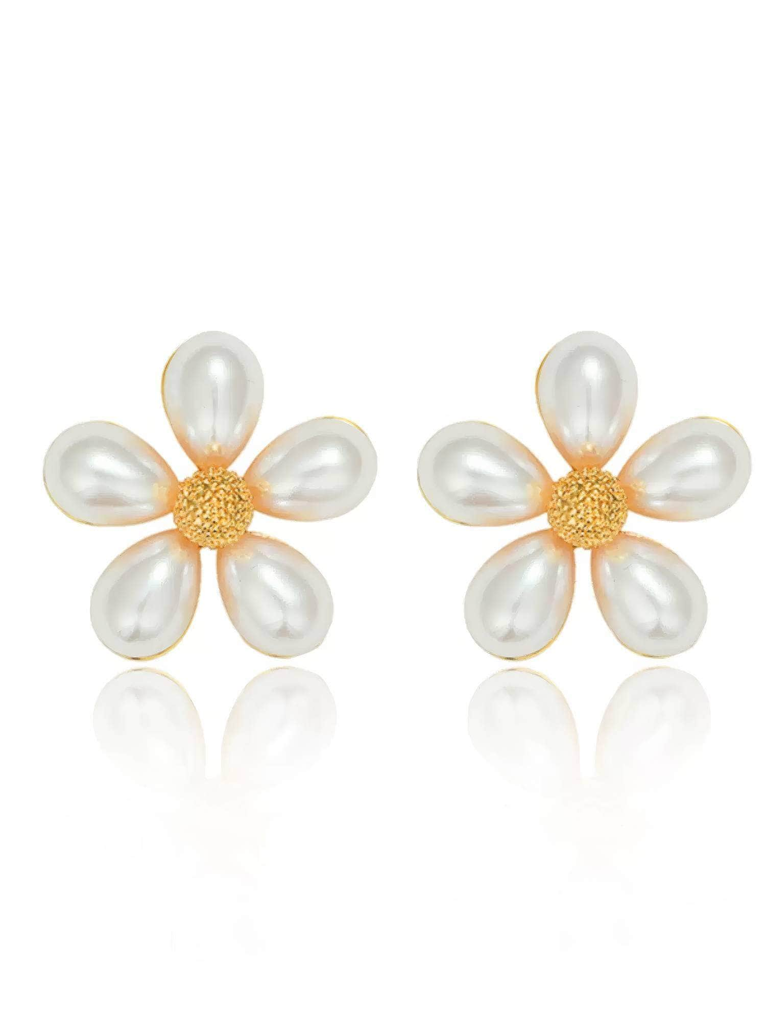 14k Gold Honeycomb Floral Shaped Stud Earrings White / Clip On