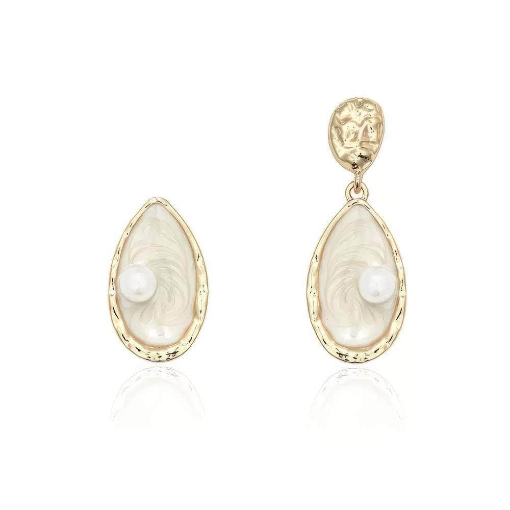 14K Gold Irregular Pearl Shell Dangle Stud Earrings White / Clip On