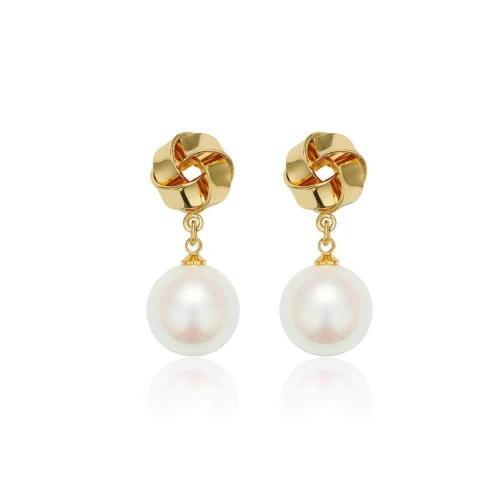 14K Gold Knotted Pearl Dangle Earrings White / Clip On