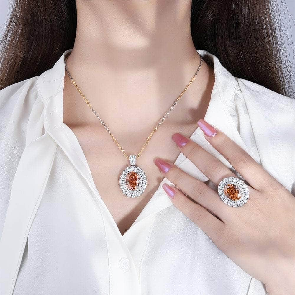 14k Gold Lab Simulated Diamond Padparadscha Gemstone Oval Jewelry Set