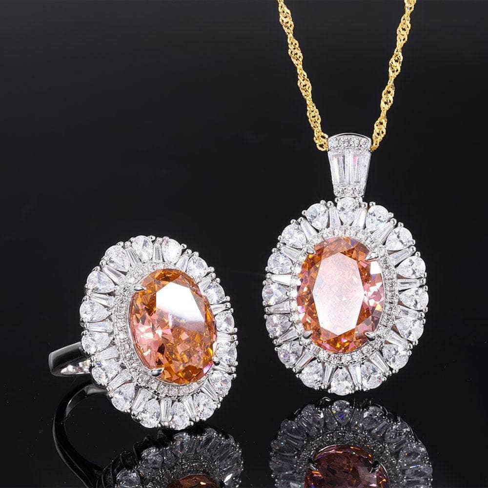 14k Gold Lab Simulated Diamond Padparadscha Gemstone Oval Jewelry Set