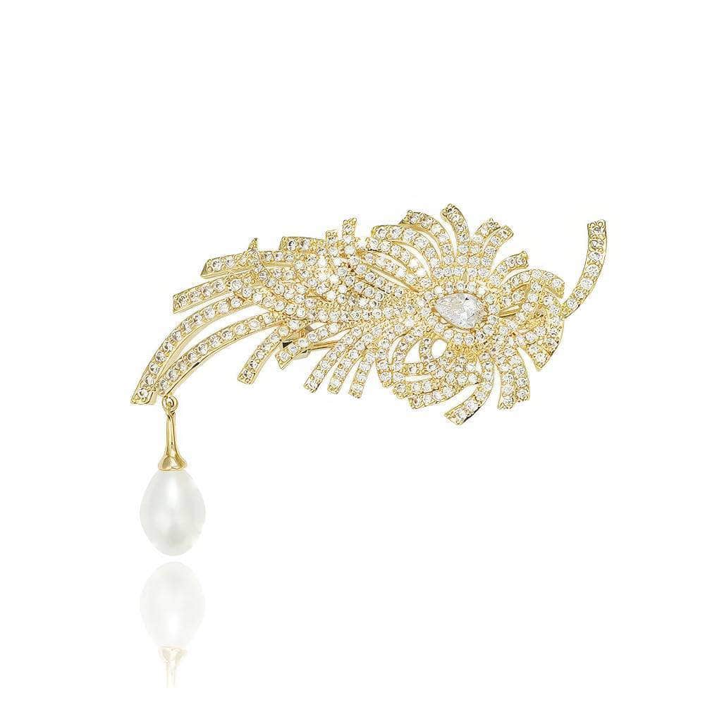 14k Gold Leaf Decor Paved Crystal Pearly Brooch White