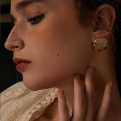 14k Gold Leaf Decor Studded Earrings