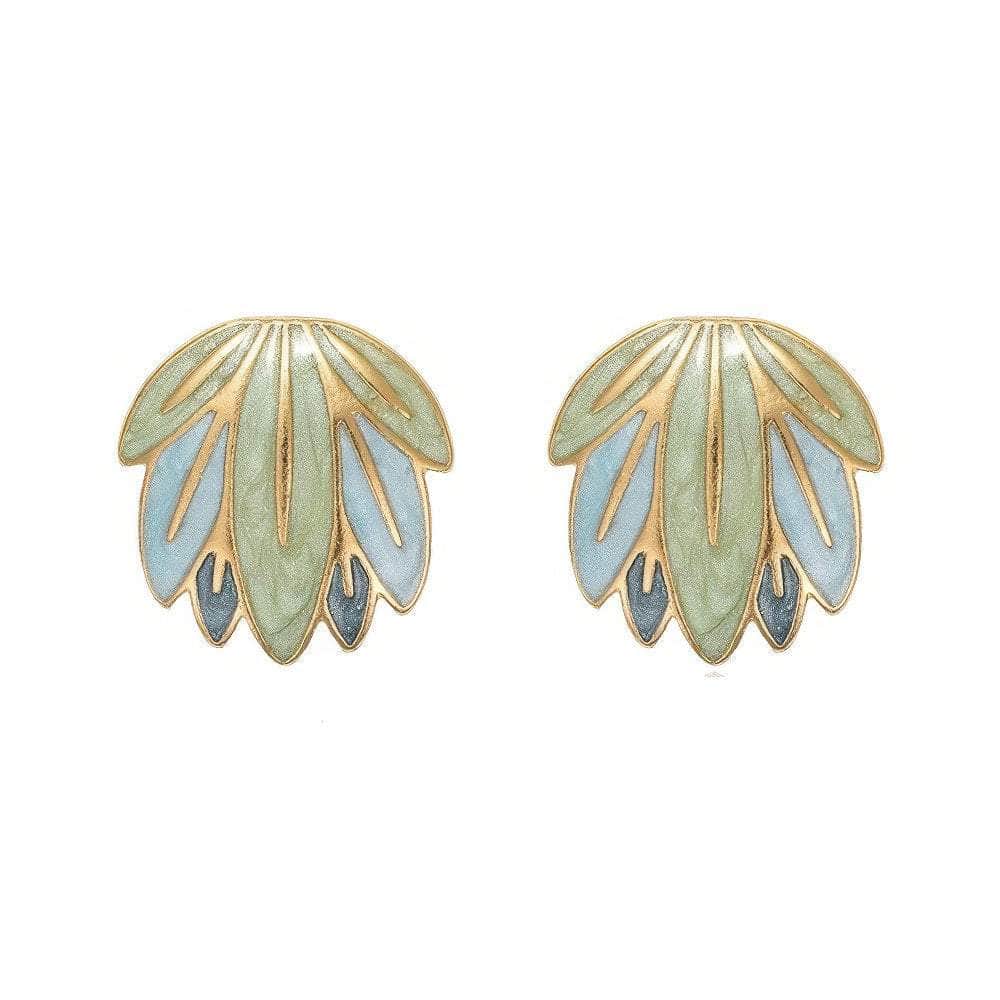 14k Gold Leaf Decor Studded Earrings Multicolor / Clip On