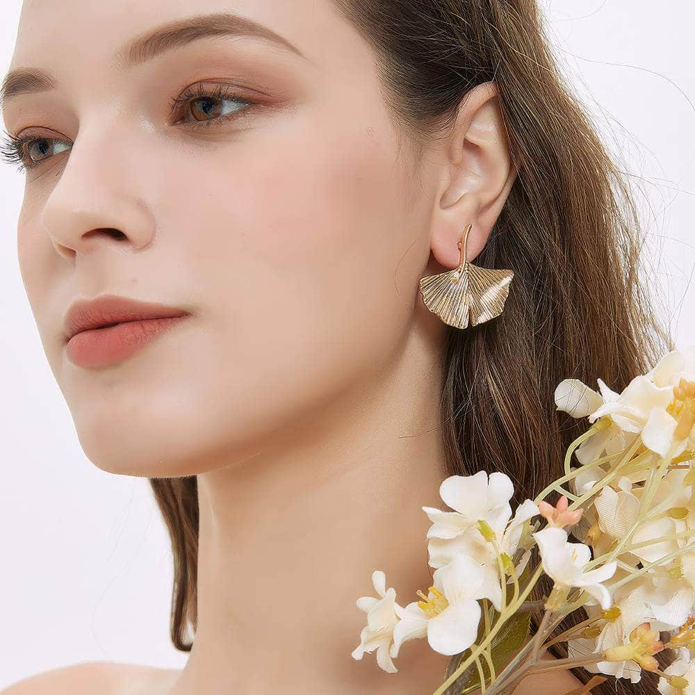 14K Gold Metallic Leaf Dangle Earrings