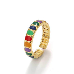 14k Gold Multistone Enamel Cuff Ring Adjustable / Multicolor