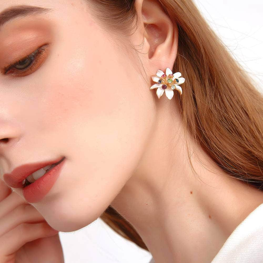 14K Gold Multistone Floral Deco Statement Earrings