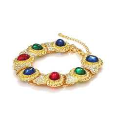 14k Gold Multistone Paved Crystal Cabochon Bracelet Multicolor