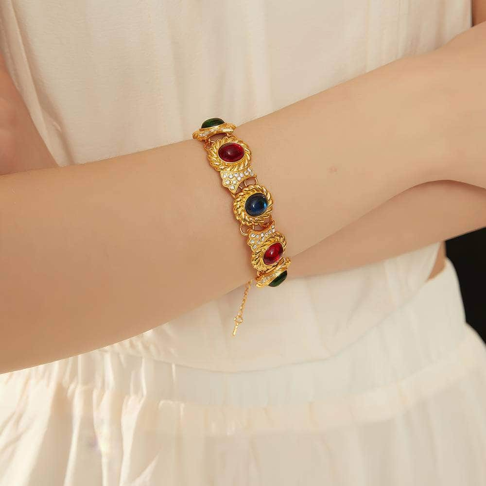 14k Gold Multistone Paved Crystal Cabochon Bracelet Multicolor