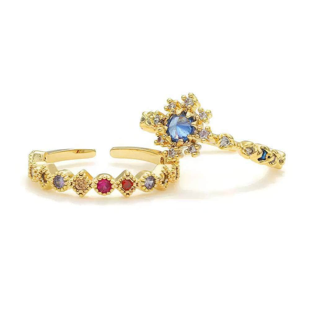 14k Gold Multistone Paved Crystal Cuff Ring Set Adjustable / Multicolor