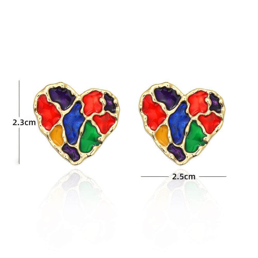 14K Gold Multistone Vintage Enamel Heart Statement Earrings