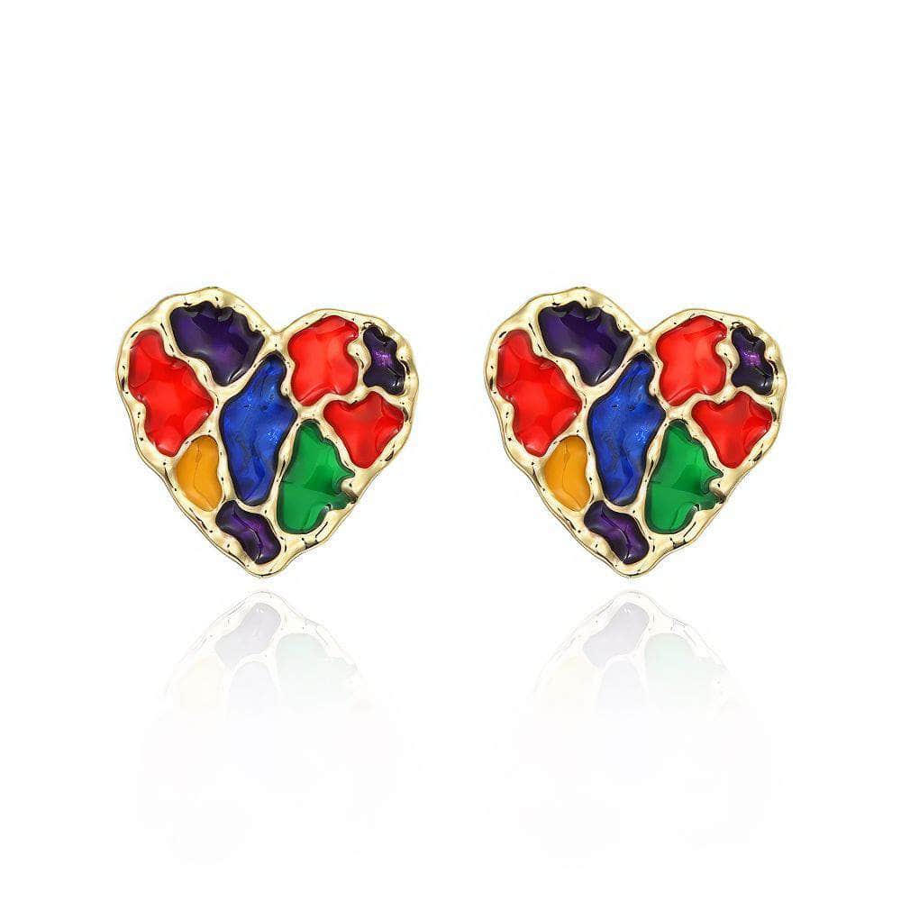 14K Gold Multistone Vintage Enamel Heart Statement Earrings Multicolor / Clip On