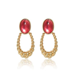 14K Gold Oval Shape Ruby Hoop Earrings Red / Clip On