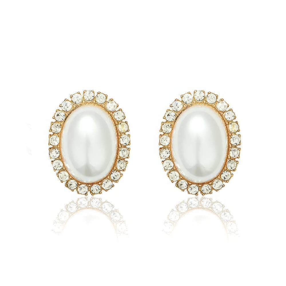 14K Gold Oval-Shaped Rhinestone Pearl Earrings White / Clip On