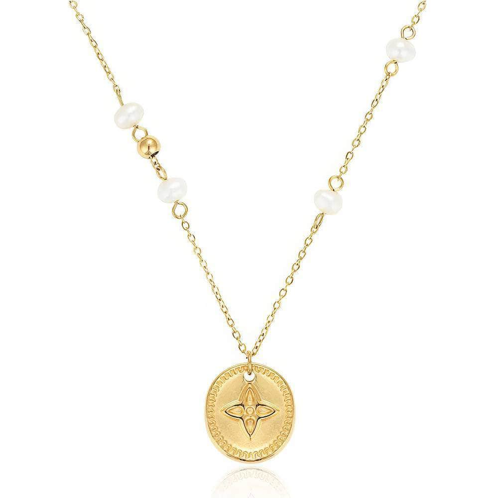 14K Gold Oval Starry Pendant Pearl Accented Necklace Gold