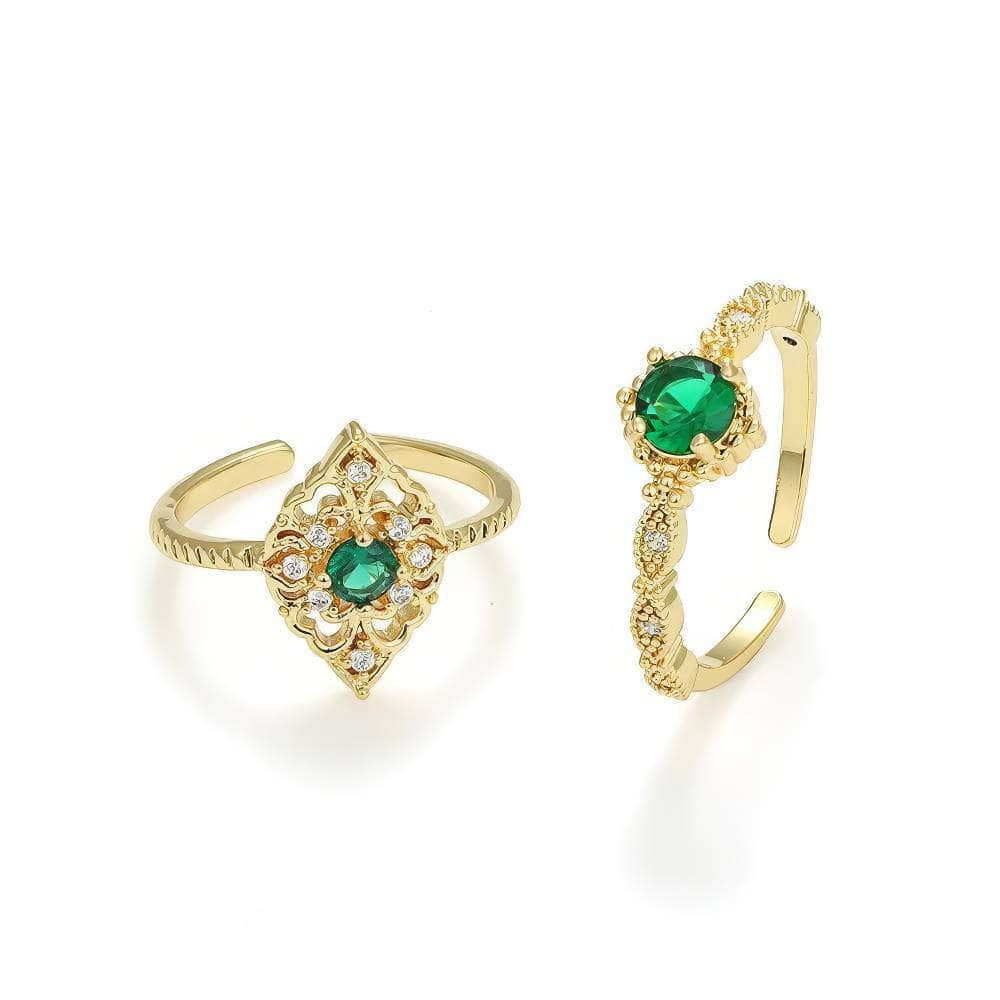 14k Gold Paved Crystal Baroque Emerald Cuff Ring Set Adjustable / Green