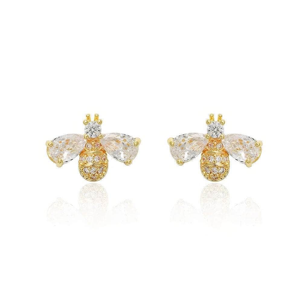 14K Gold Paved Crystal Bee Stud Earrings White / Clip On