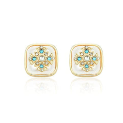 14k Gold Paved Crystal Gemstone Enamel Statement Earrings Blue / Clip On