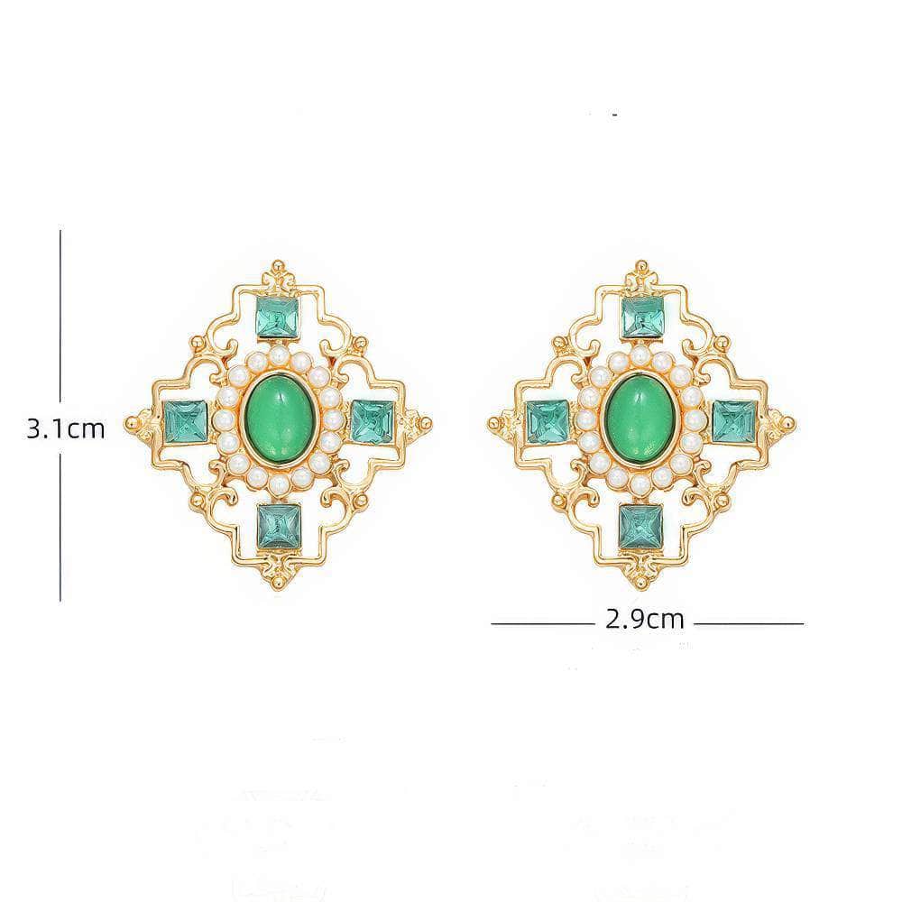 14k Gold Paved Crystal Gemstone Pearl Decor Statement Earrings Green