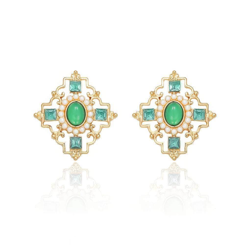14k Gold Paved Crystal Gemstone Pearl Decor Statement Earrings Green