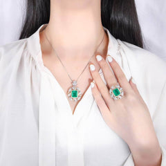 14K Gold Paved Crystal Lab Created Emerald Jewelry Set