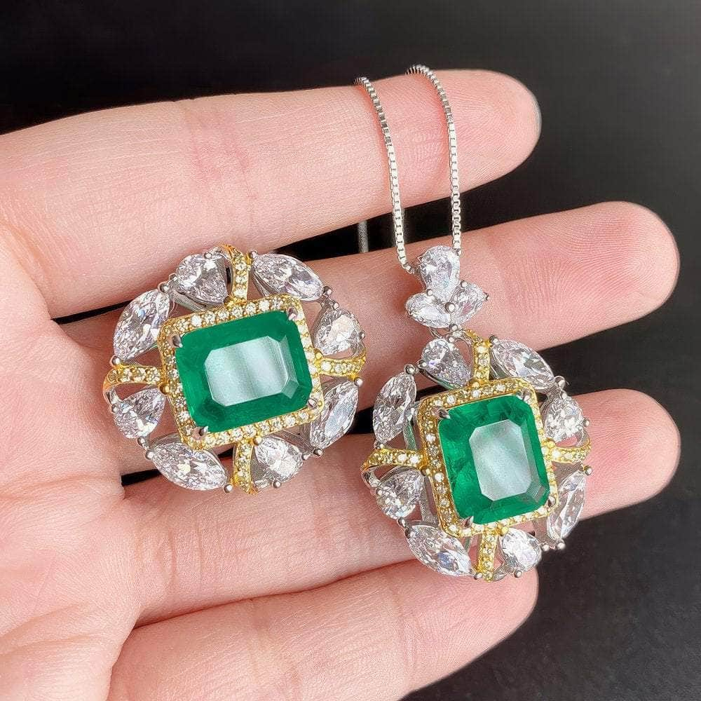 14K Gold Paved Crystal Lab Created Emerald Jewelry Set