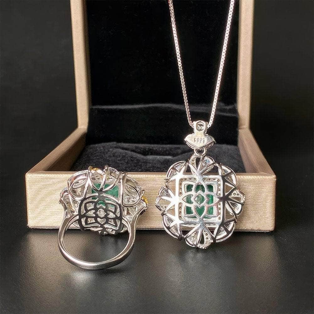 14K Gold Paved Crystal Lab Created Emerald Jewelry Set