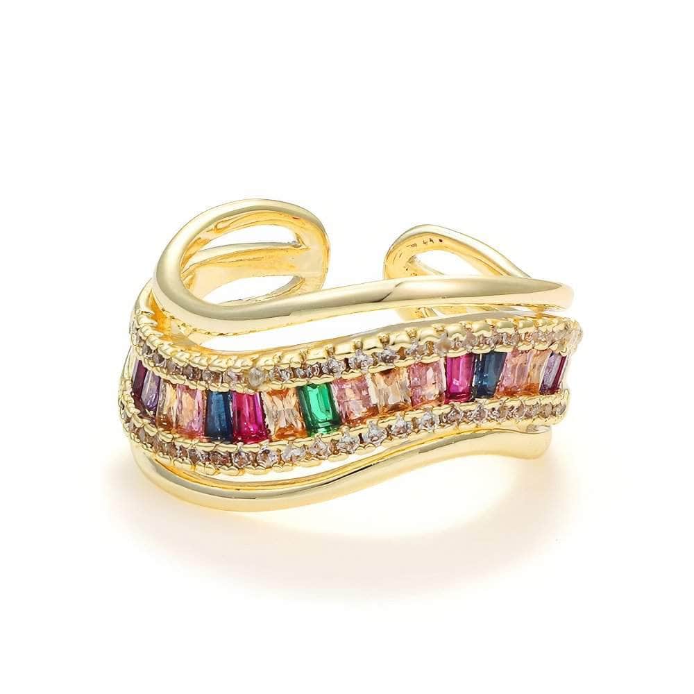 14k Gold Paved Crystal Multicolor Stone Baguette Ring Adjustable / Multicolor