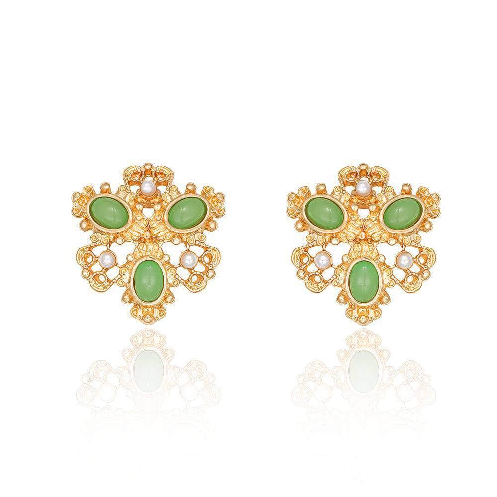 14k Gold Paved Crystal Pearl Green Opal Earrings YellowGreen / Clasp