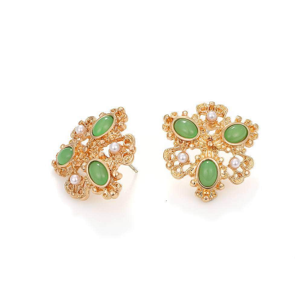 14k Gold Paved Crystal Pearl Green Opal Earrings YellowGreen / Clasp