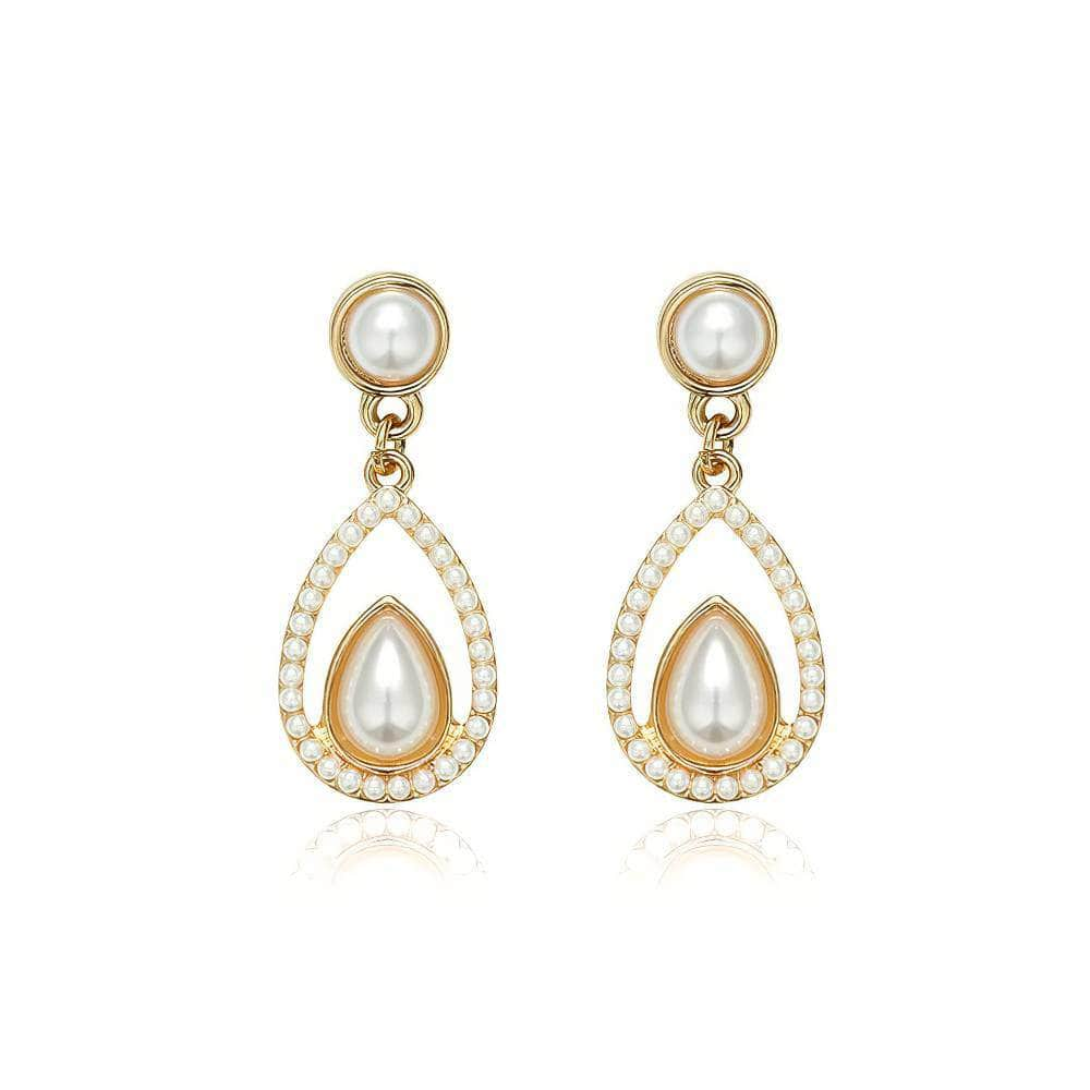 14K Gold Paved Crystal Pearl Teardrop Earrings White / Clip On