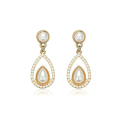 14K Gold Paved Crystal Pearl Teardrop Earrings White / Clip On