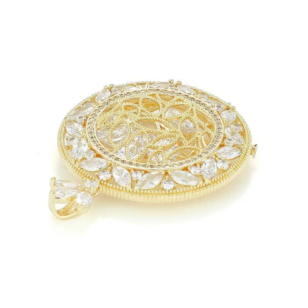 14k Gold Paved Crystal Round Teardrop Brooch White