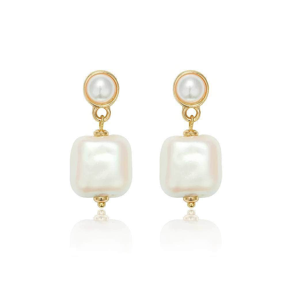 14K Gold Pearl Bezel Rhinestone Drop Earrings White / Ascension / Clip On