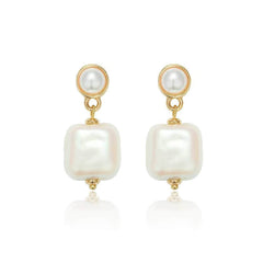 14K Gold Pearl Bezel Rhinestone Drop Earrings White / Ascension / Clip On