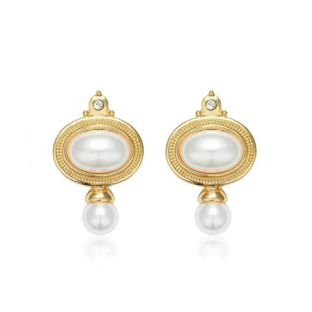 14K Gold Pearl Bezel Rhinestone Drop Earrings White / Cascade / Clip On