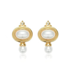 14K Gold Pearl Bezel Rhinestone Drop Earrings White / Cascade / Clip On